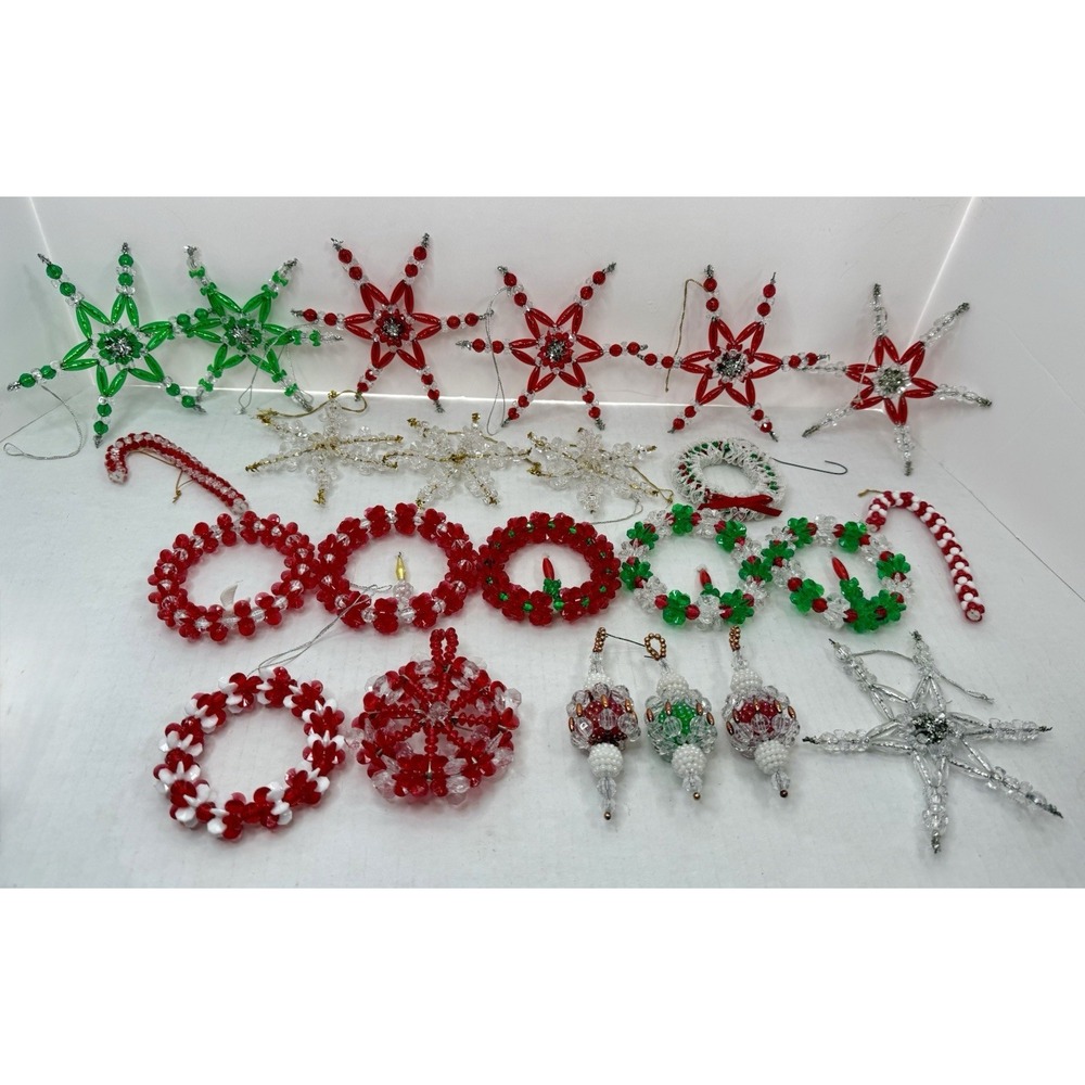 VTG Lot Of 23 Homemade Beaded Christmas Ornaments Stars Wreaths Candy‎ Cane +